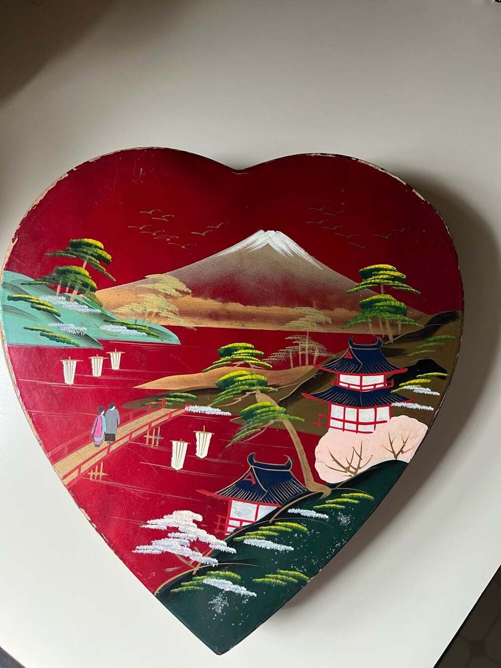 Large Vintage Japanese Lacquer Painted Heart Shape Valentine's Box With Pink Vel